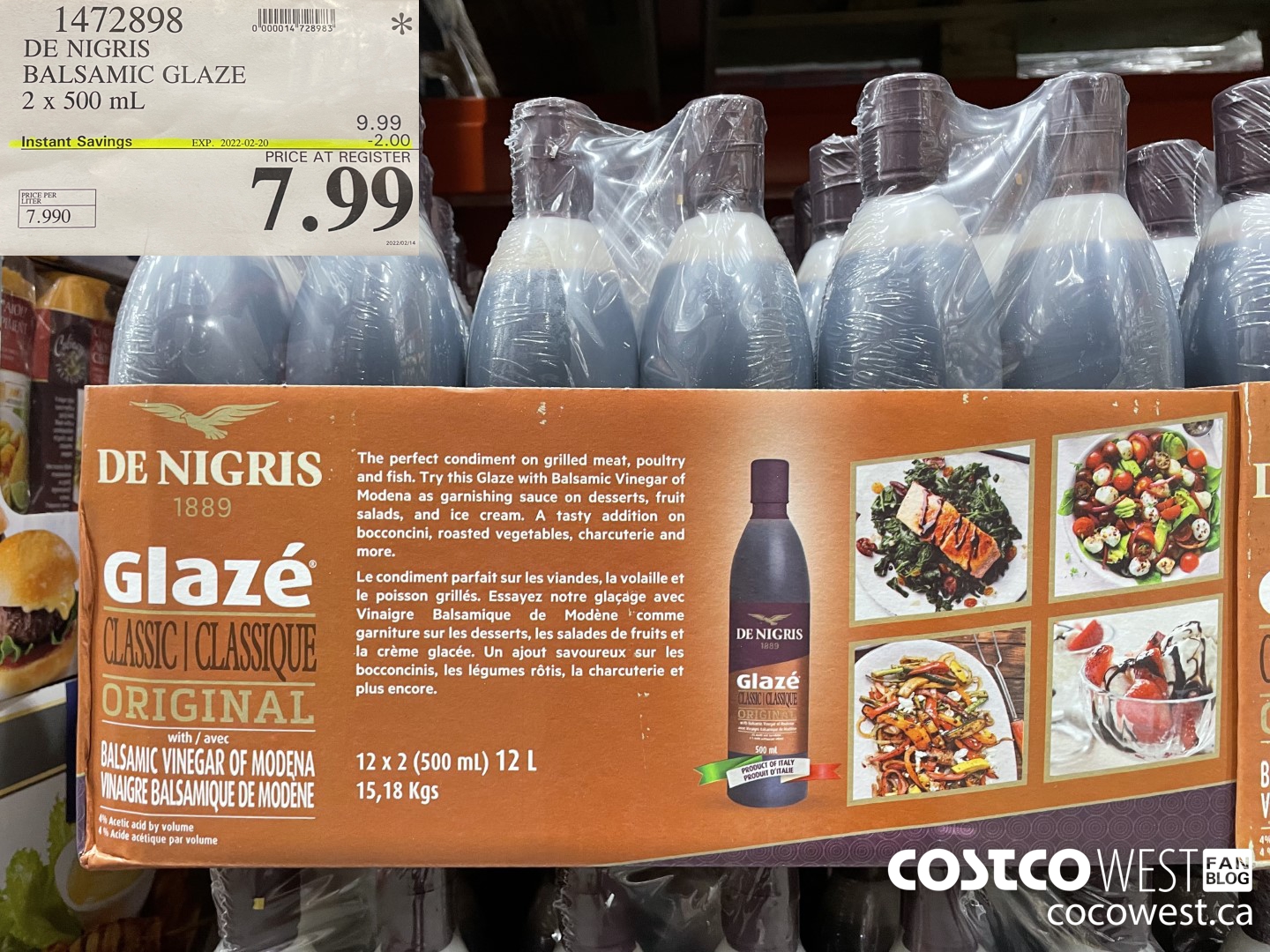1472898 DE NIGRIS BALSAMIC GLAZE 2 x 500 mL ($2.00 INSTANT SAVINGS EXPIRES ON 2022-02-20) $7.99