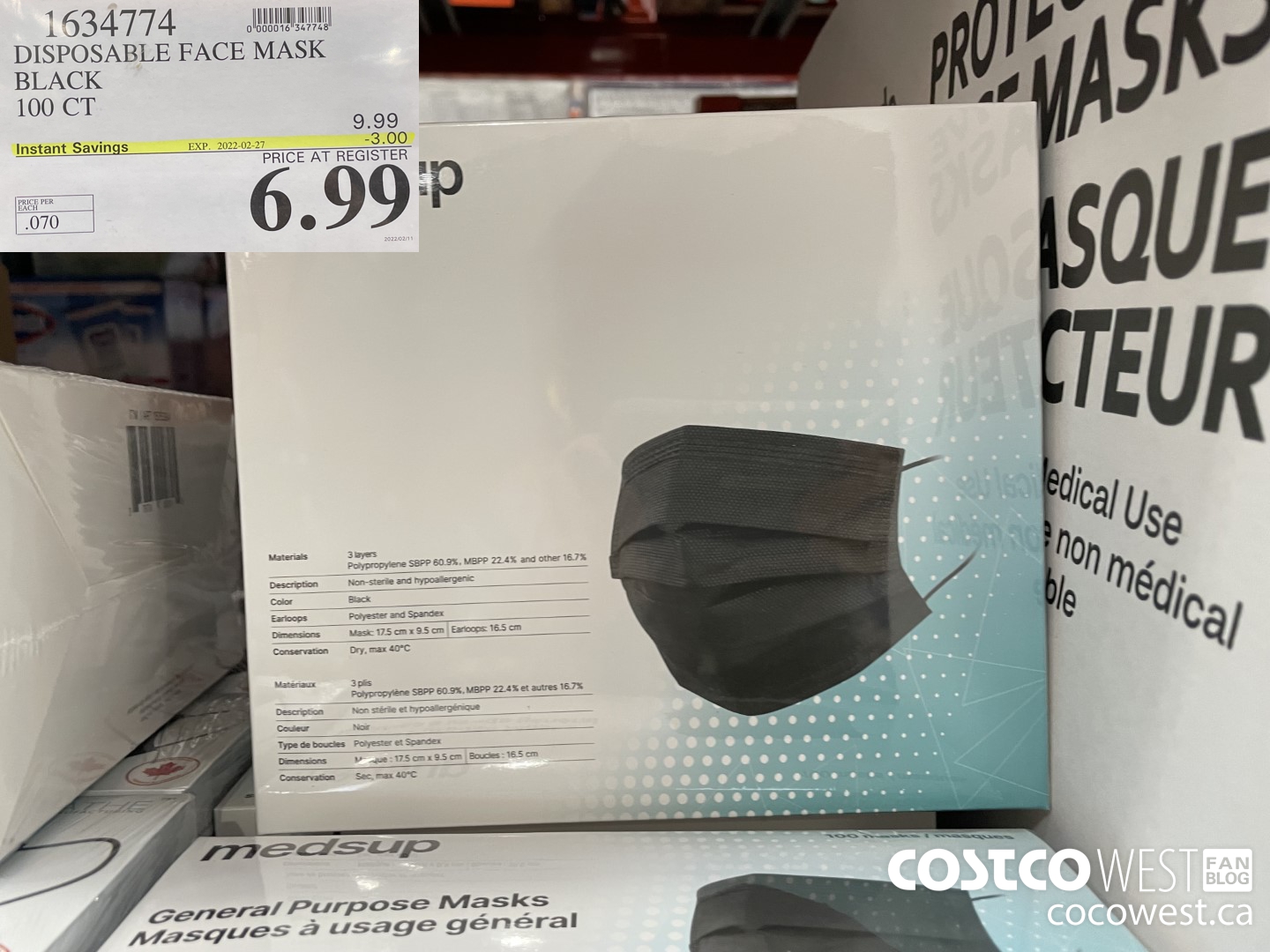 1634774 DISPOSABLE FACE MASK BLACK 100 CT ($3.00 INSTANT SAVINGS EXPIRES ON 2022-02-27) $6.99