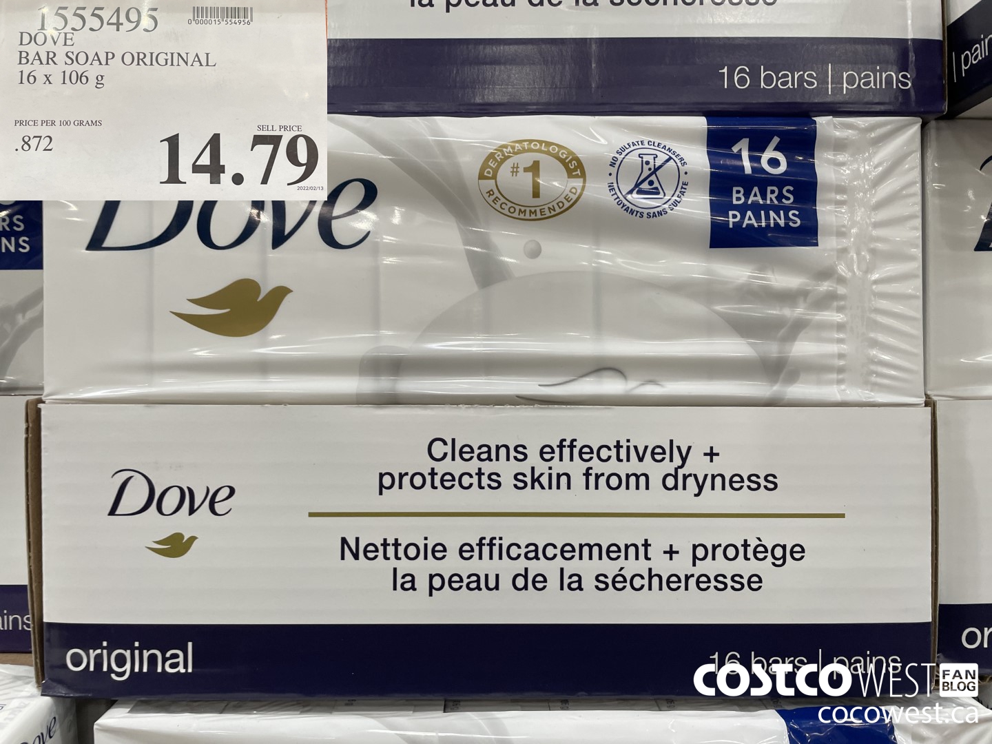 1555495 DOVE BAR SOAP WHITE 16 x 106 g $14.79