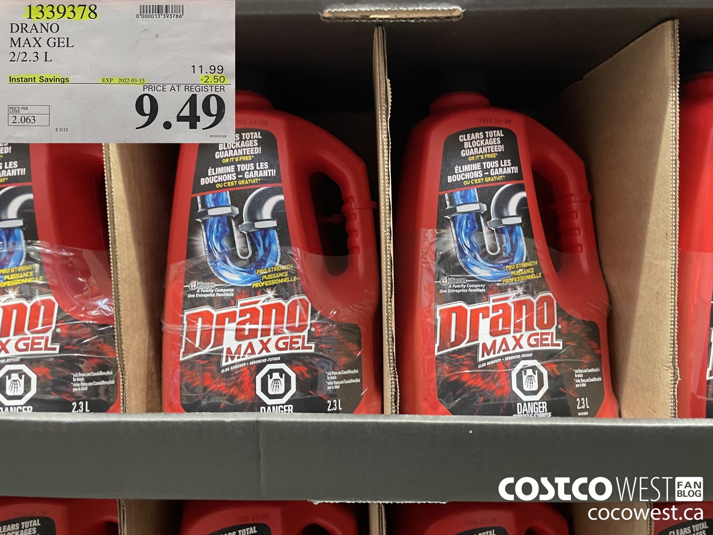 1339378 DRANO MAX GEL 2/2.3L  ($2.50 INSTANT SAVINGS EXPIRES ON 2022-03-13) $9.49