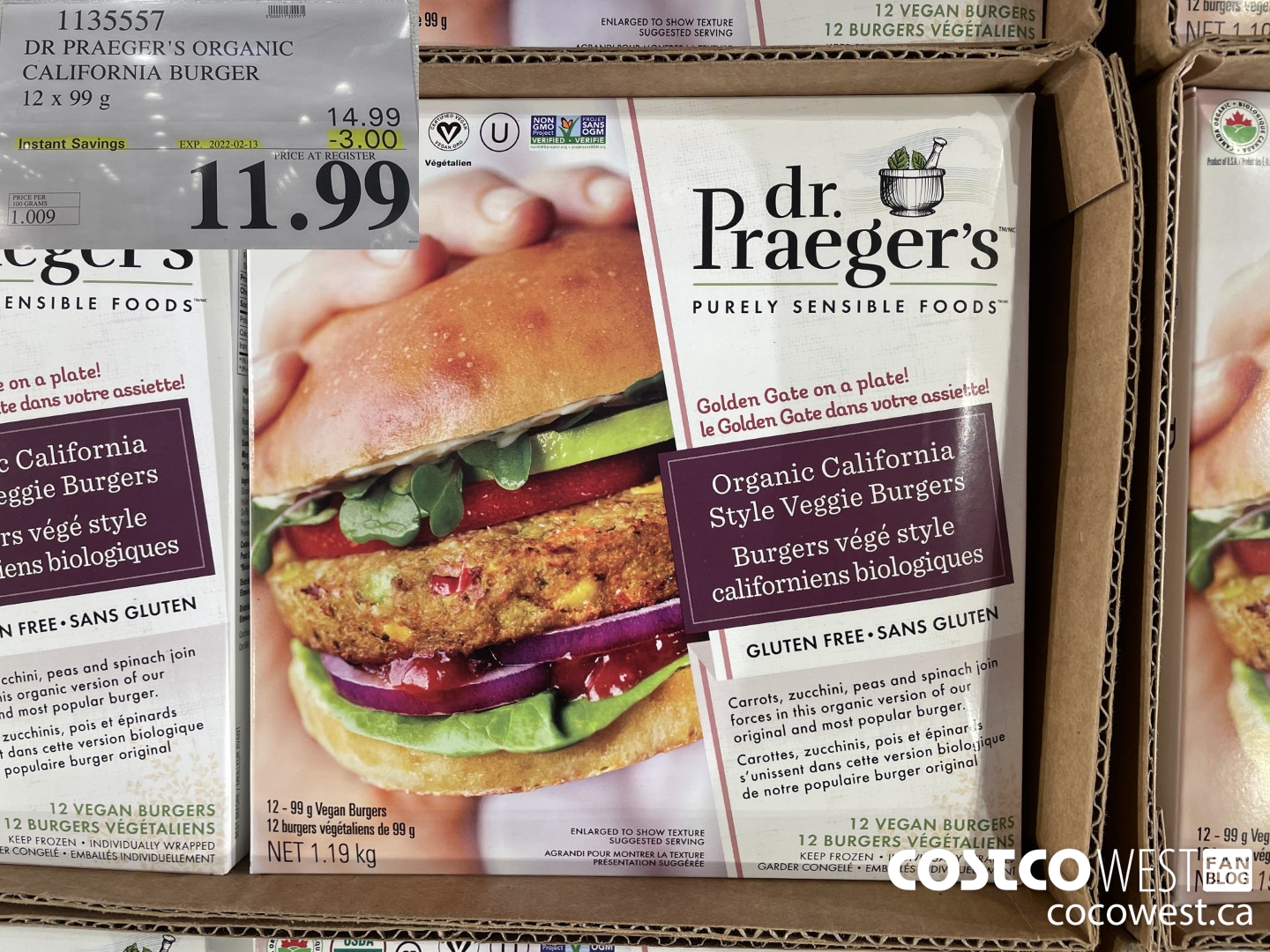 1135557 DR PRAEGER'S ORGANIC CALIFORNIA BURGER 12 x 99 g ($3.00 INSTANT SAVINGS EXPIRES ON 2022-02-13) $11.99
