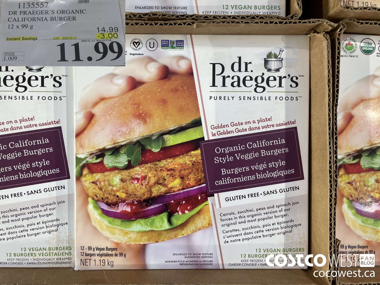 1135557 DR PRAEGER'S ORGANIC CALIFORNIA BURGER 12 x 99 g ($3.00 INSTANT SAVINGS EXPIRES ON 2022-02-13) $11.99