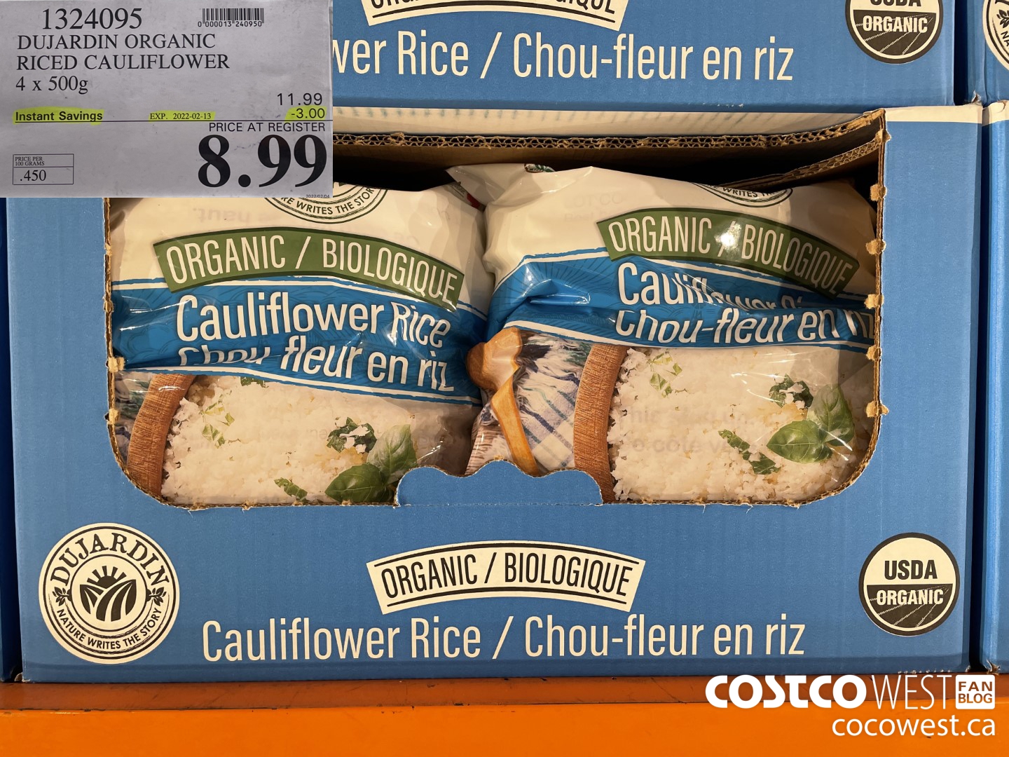 1324095 DUJARDIN ORGANIC RICED CAULIFLOWER 4 x 500g ($3.00 INSTANT SAVINGS EXPIRES ON 2022-02-13) $8.99