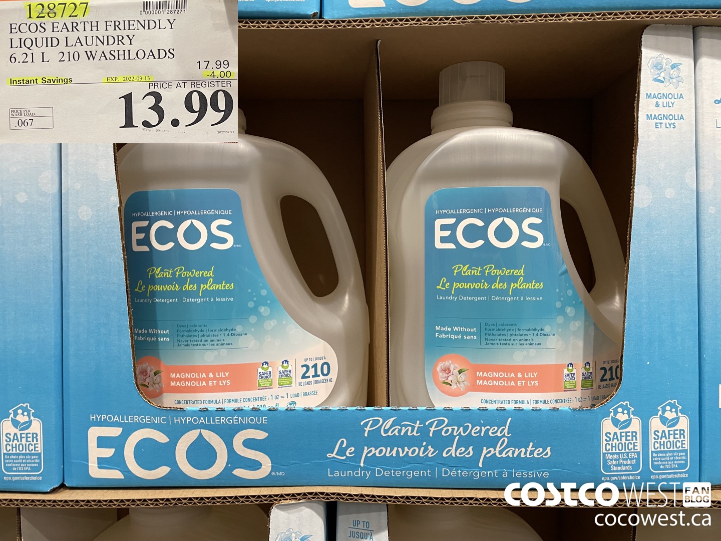 128727 ECOS EARTH FRIENDLY LIQUID LAUNDRY 6.21 L 210 WASHLOADS ($4.00 INSTANT SAVINGS EXPIRES ON 2022-03-13) $13.99