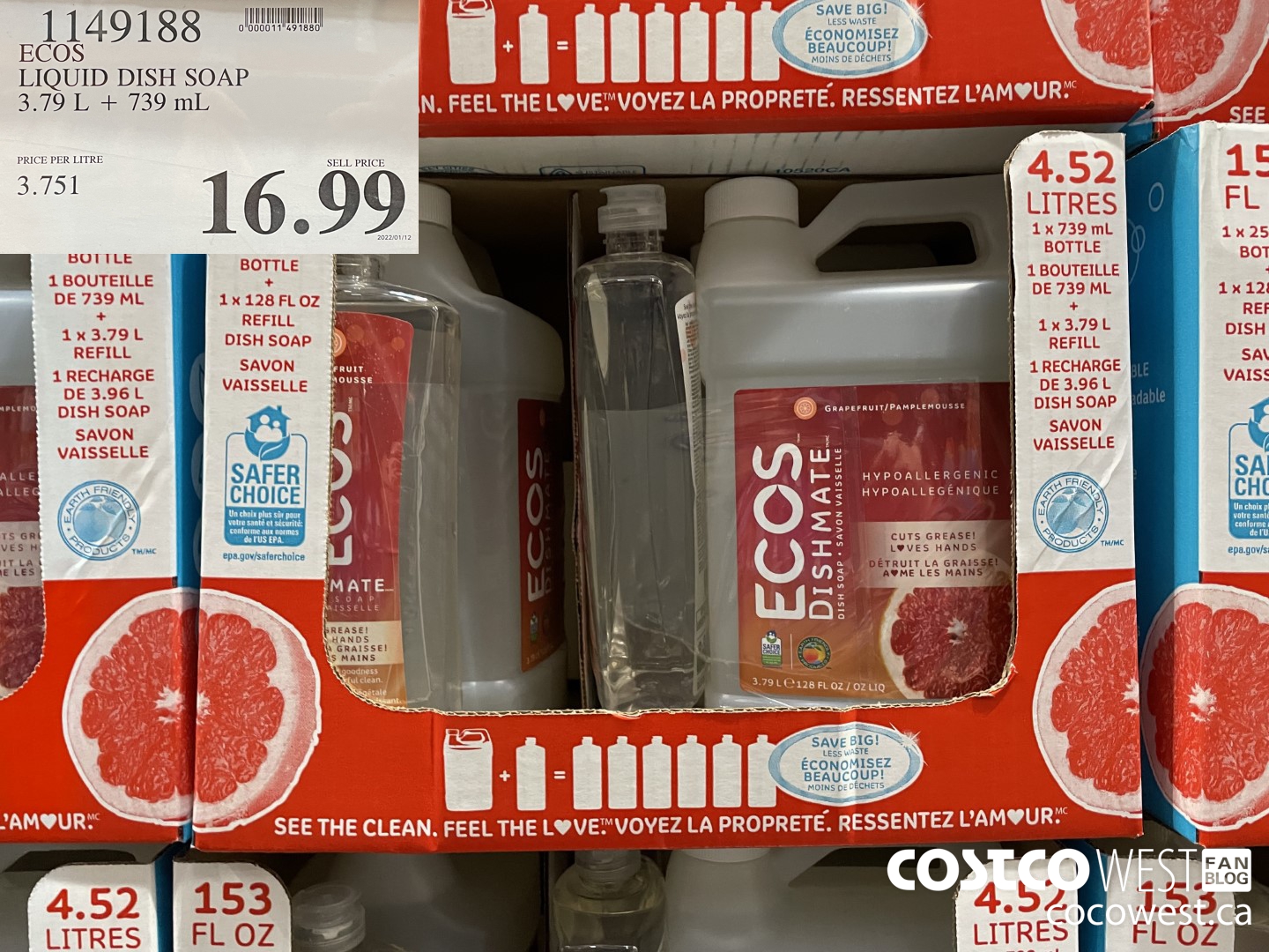 1149188 ECOS LIQUID DISH SOAP 3.79 L + 739 ML $16.99