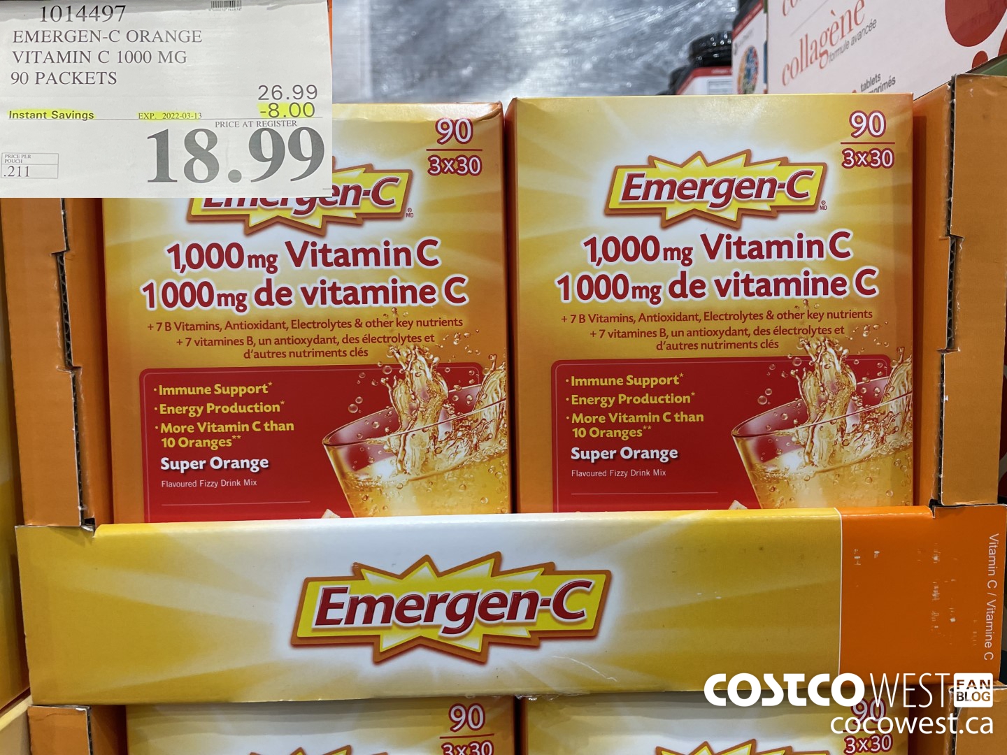 1014497 EMERGEN-C ORANGE VITAMIN C 1000 MG 90 PACKETS ($8.00 INSTANT SAVINGS EXPIRES ON 2022-03-13) $18.99