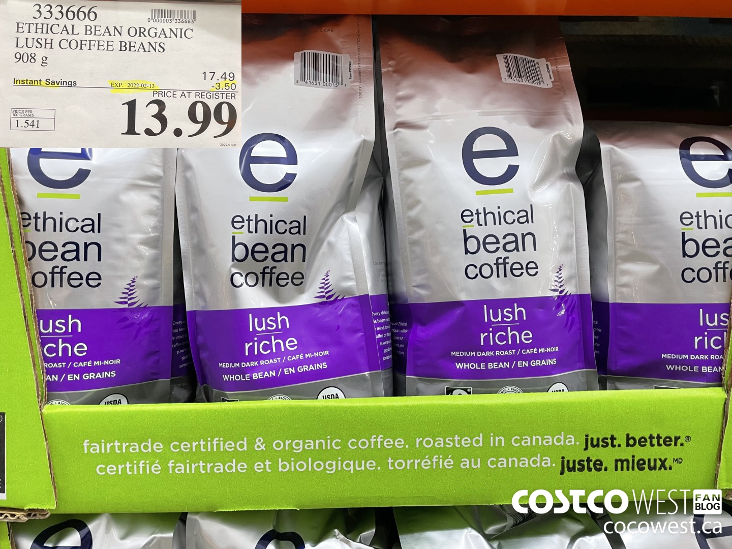 333666 ETHICAL BEAN ORGANIC LUSH COFFEE BEANS 908 g ($3.50 INSTANT SAVINGS EXPIRES ON 2022-02-13) $13.99