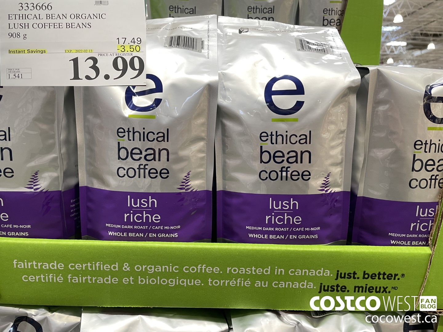 333666 ETHICAL BEAN ORGANIC LUSH COFFEE BEANS 908 g ($3.50 INSTANT SAVINGS EXPIRES ON 2022-02-13) $13.99