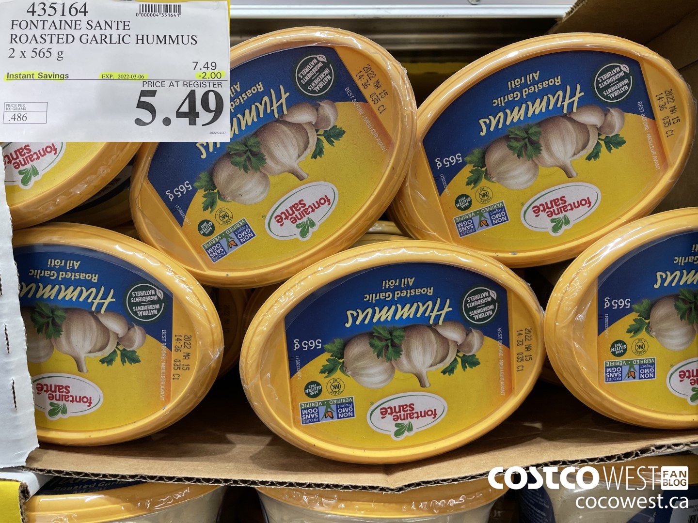 435164 FONTAINE SANTE ROASTED GARLIC HUMMUS 2 x 565 g ($2.00 INSTANT SAVINGS EXPIRES ON 2022-03-06) $5.49