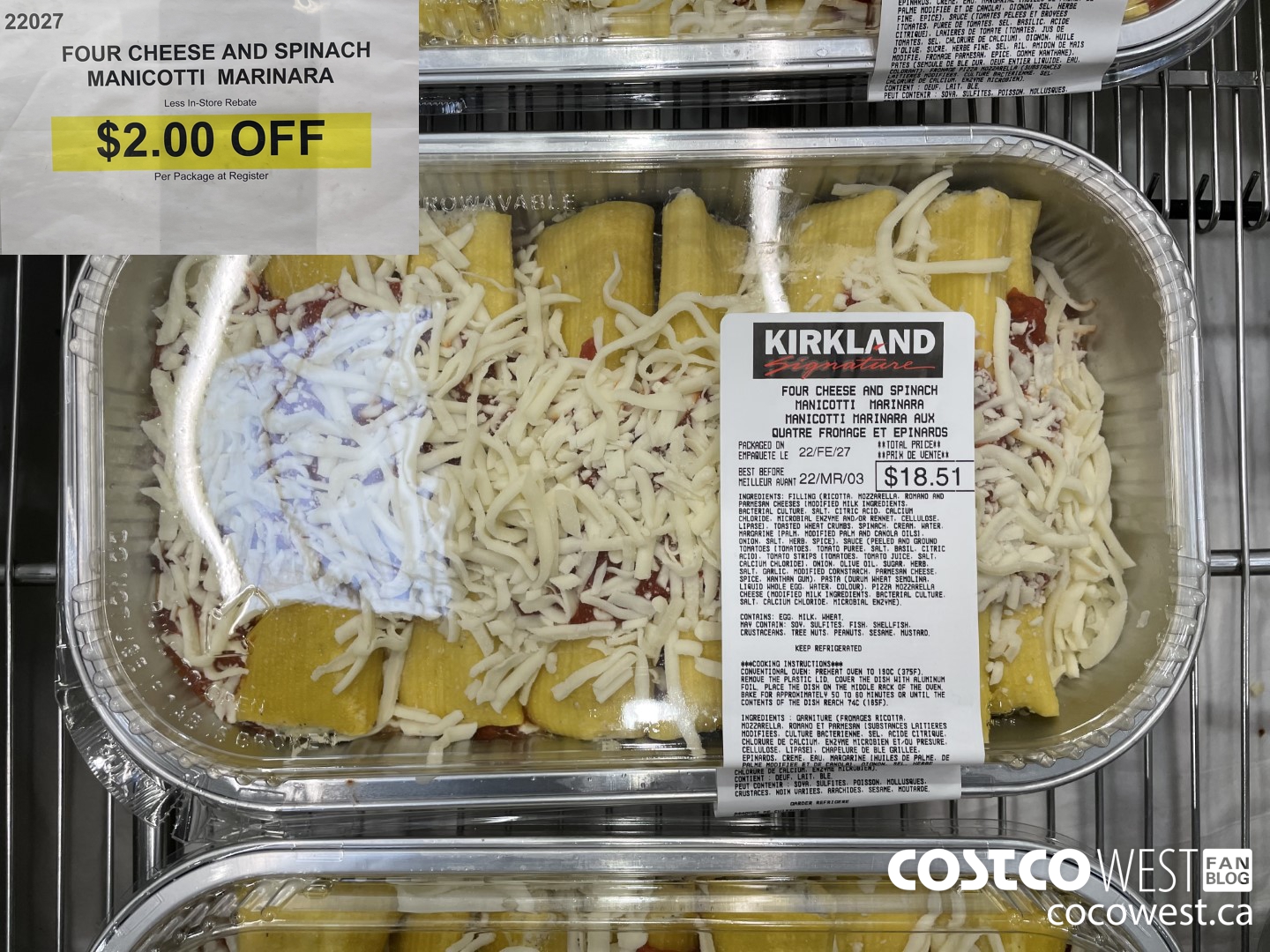22027 FOUR CHEESE AND SPINACH MANICOTTI MARINARA ($2.00 INSTANT SAVINGS)