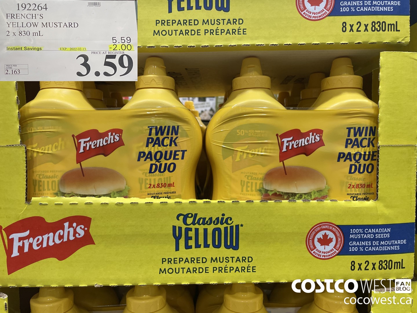 192264 FRENCH'S YELLOW MUSTARD 2 x 830 mL ($2.00 INSTANT SAVINGS EXPIRES ON 2022-02-13) $3.59