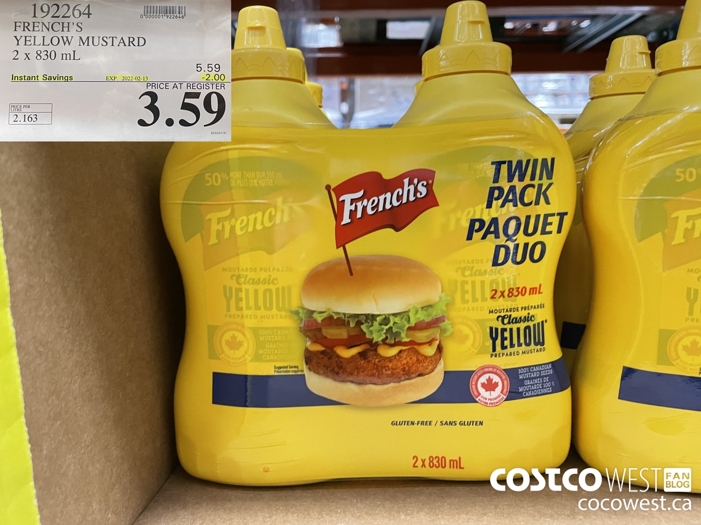 192264 FRENCH'S YELLOW MUSTARD 2 x 830 mL ($2.00 INSTANT SAVINGS EXPIRES ON 2022-02-13) $3.59