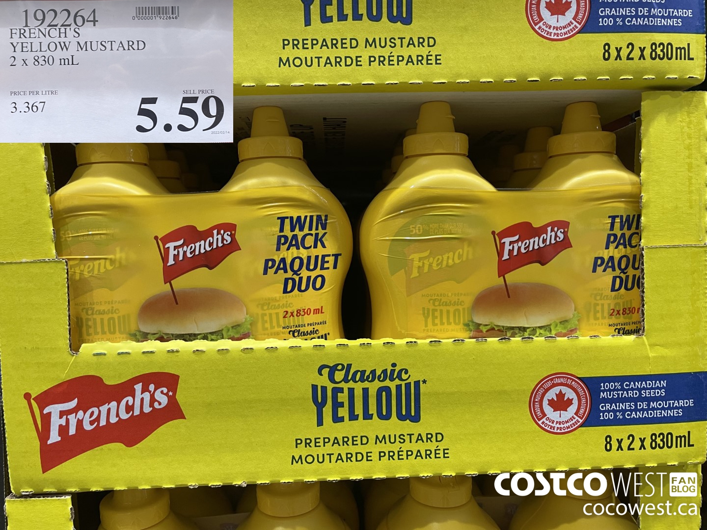 192264 FRENCH'S YELLOW MUSTARD 2 x 830 mL $5.59
