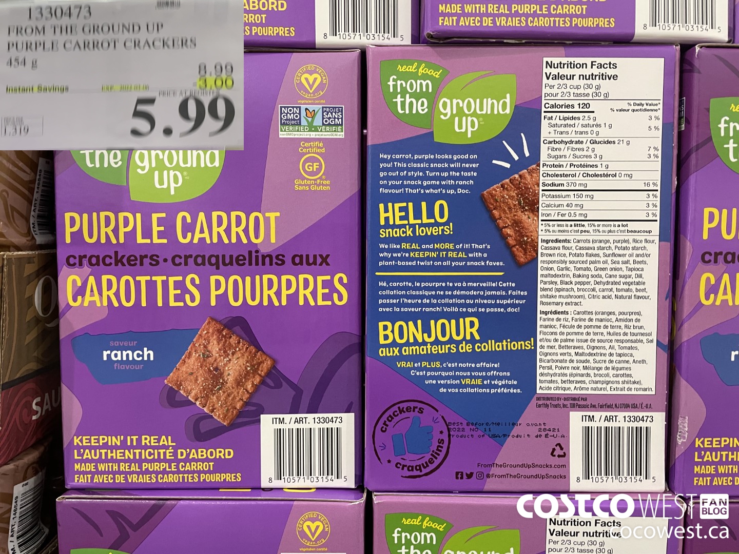 1330473 FROM THE GROUND UP PURPLE CARROT CRACKERS 454 g ($3.00 INSTANT SAVINGS EXPIRES ON 2022-03-06) $5.99