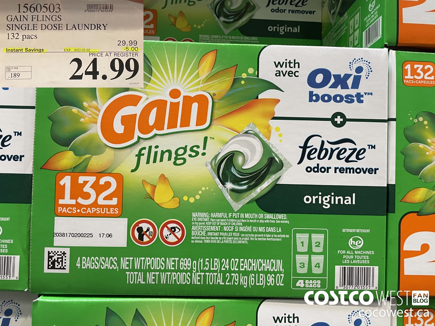 1560503 GAIN FLINGS SINGLE DOSE LAUNDRY 132 pacs ($5.00 INSTANT SAVINGS EXPIRES ON 2022-03-02) $24.99