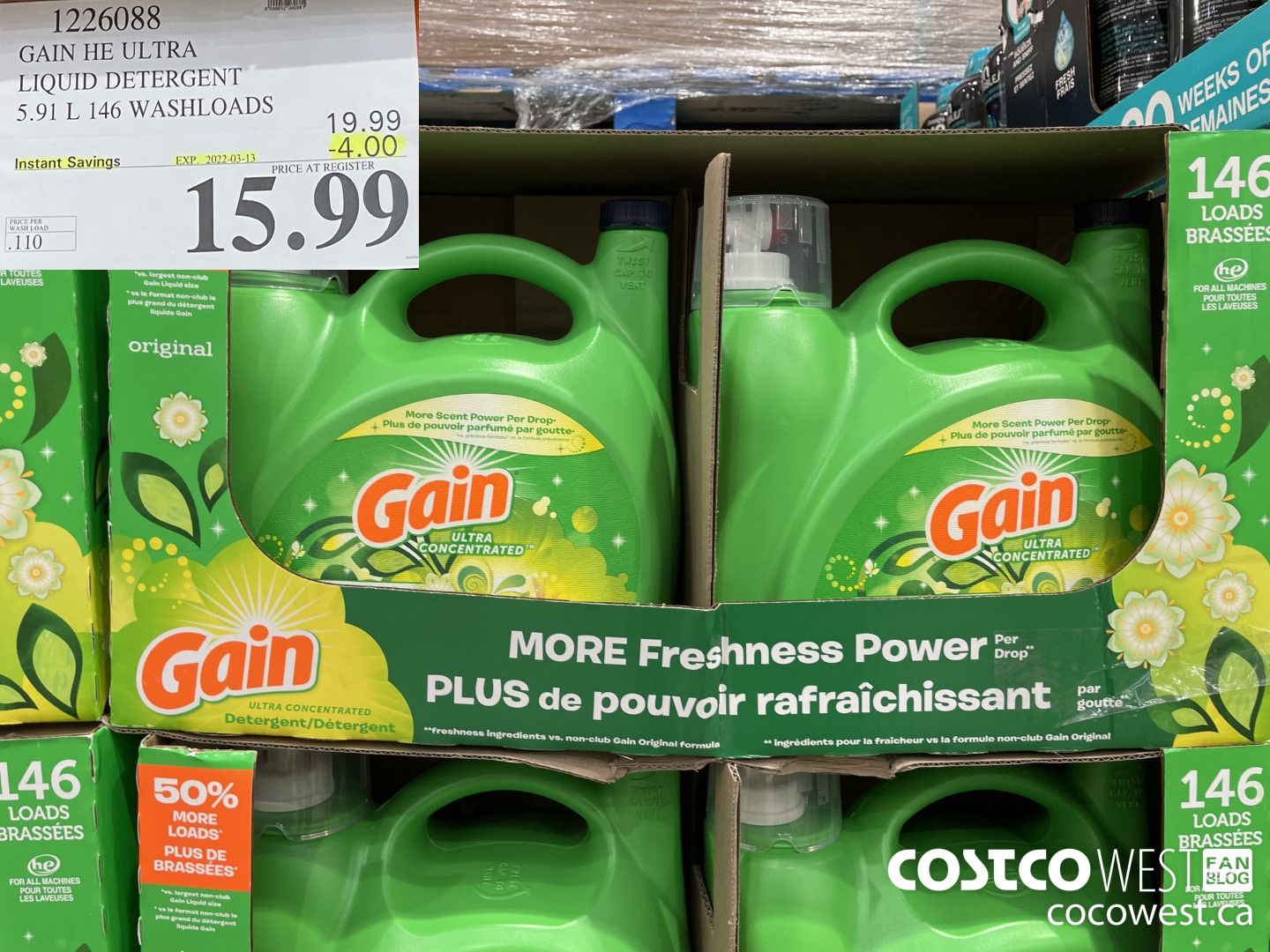1226088 GAIN HE ULTRA LIQUID DETERGENT 5.91 L 146 WASHLOADS ($4.00 INSTANT SAVINGS EXPIRES ON 2022-03-13) $15.99