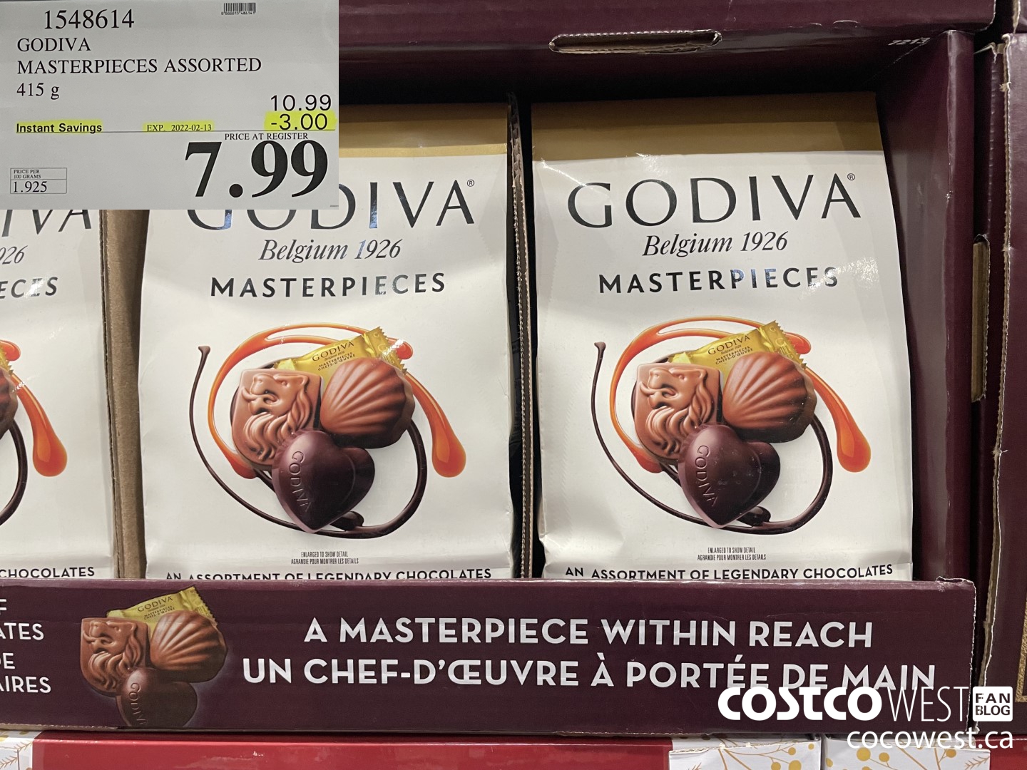 1548614 GODIVA MASTERPIECES ASSORTED 415 g ($3.00 INSTANT SAVINGS EXPIRES ON 2022-02-13) $7.99