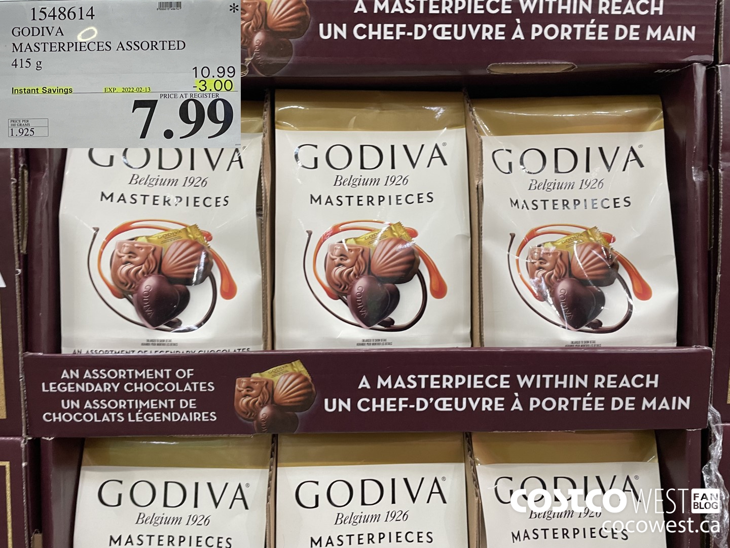 1548614 GODIVA MASTERPIECES ASSORTED 415 g ($3.00 INSTANT SAVINGS EXPIRES ON 2022-02-13) $7.99