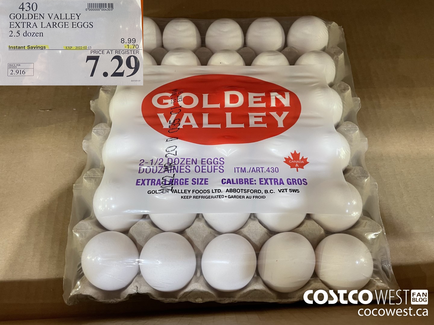 430 GOLDEN VALLEY EXTRA LARGE EGGS 2.5 dozen ($1.70 INSTANT SAVINGS EXPIRES ON 2022-02-13) $7.29
