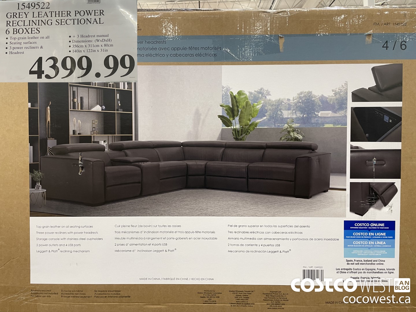1549522 GREY LEATHER POWER RECLINING SECTIONAL 6 BOXES $4399.99