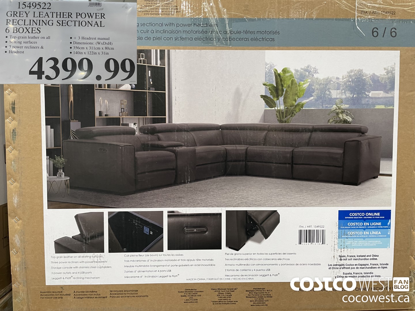 1549522 GREY LEATHER POWER RECLINING SECTIONAL 6 BOXES $4399.99