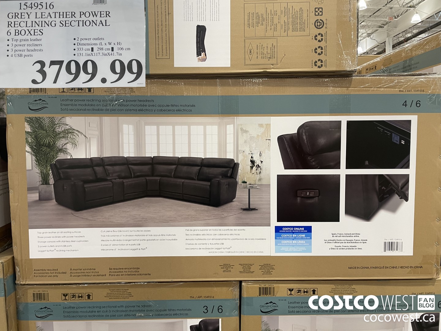 Costco 2022 Winter Seasonal Aisle The Entire Furniture BBQ Garden   GREY LEATHER POWER  RECLINING SECTIONAL 6 BOXES  20220228 82181 