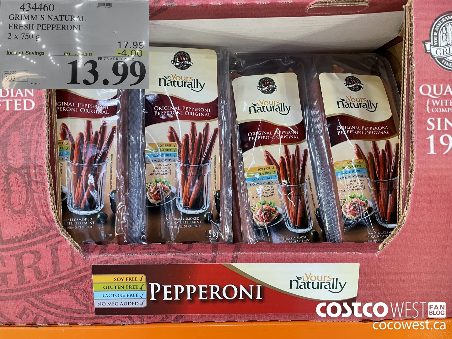 434460 GRIMM'S NATURAL FRESH PEPPERONI 2 x 750 g ($4.00 INSTANT SAVINGS EXPIRES ON 2022-02-13) $13.99