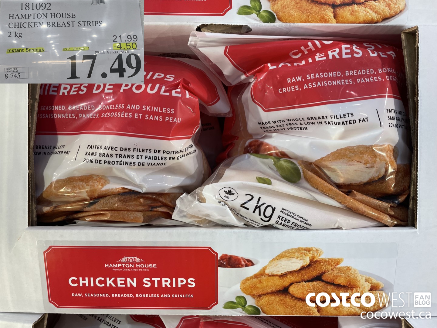 181092 HAMPTON HOUSE CHICKEN BREAST STRIPS 2 kg ($4.50 INSTANT SAVINGS EXPIRES ON 2022-02-13) $17.49