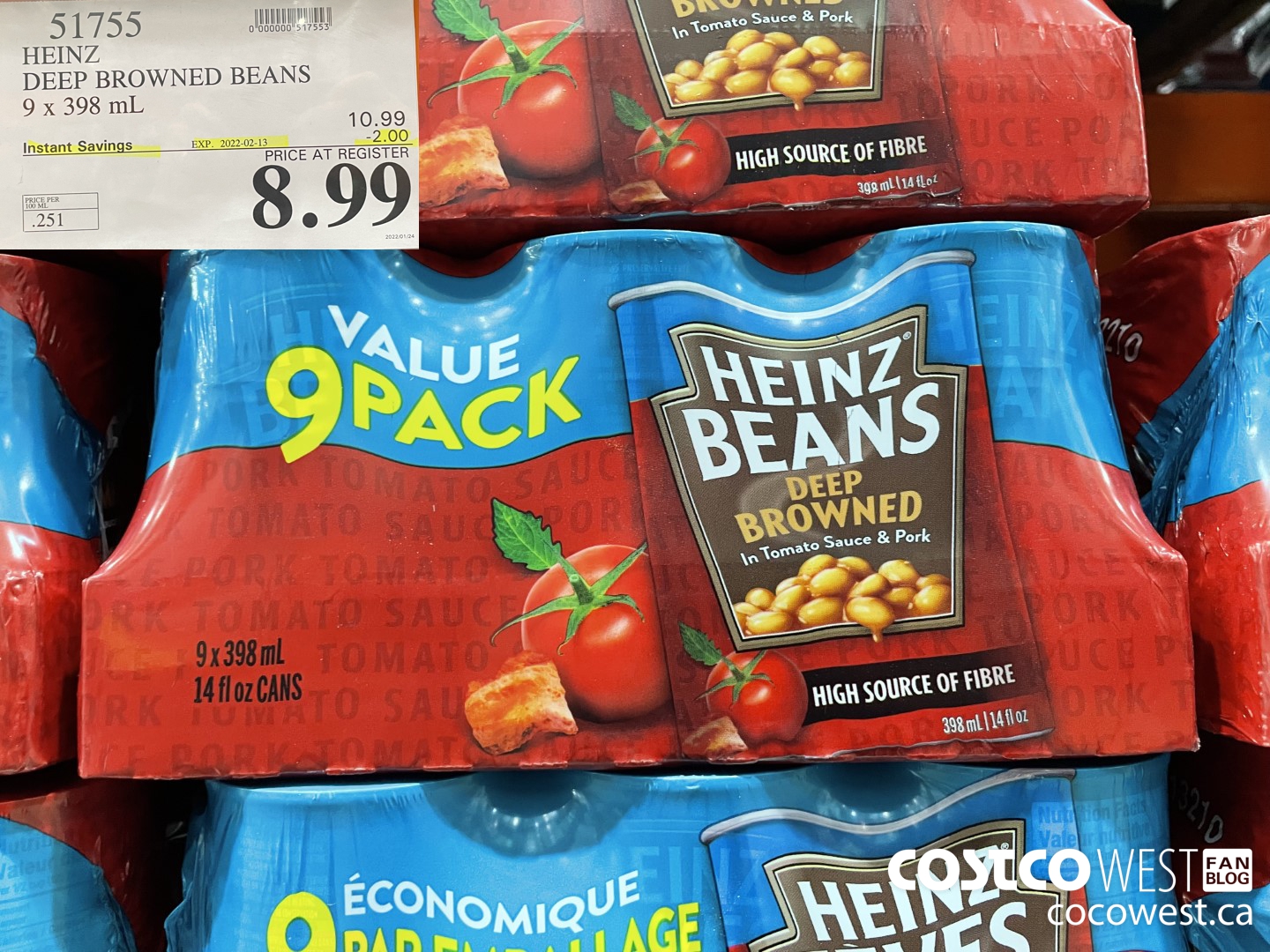 51755 HEINZ DEEP BROWNED BEANS 9 X 398 ML ($2.00 INSTANT SAVINGS EXPIRES ON 2022-02-13) $8.99