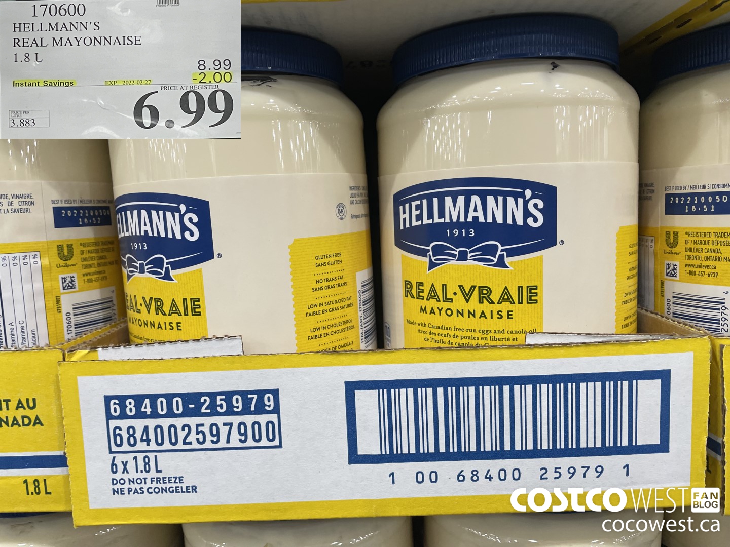 170600 HELLMANN'S REAL MAYONNAISE 1.8 L ($2.00 INSTANT SAVINGS EXPIRES ON 2022-02-27) $6.99