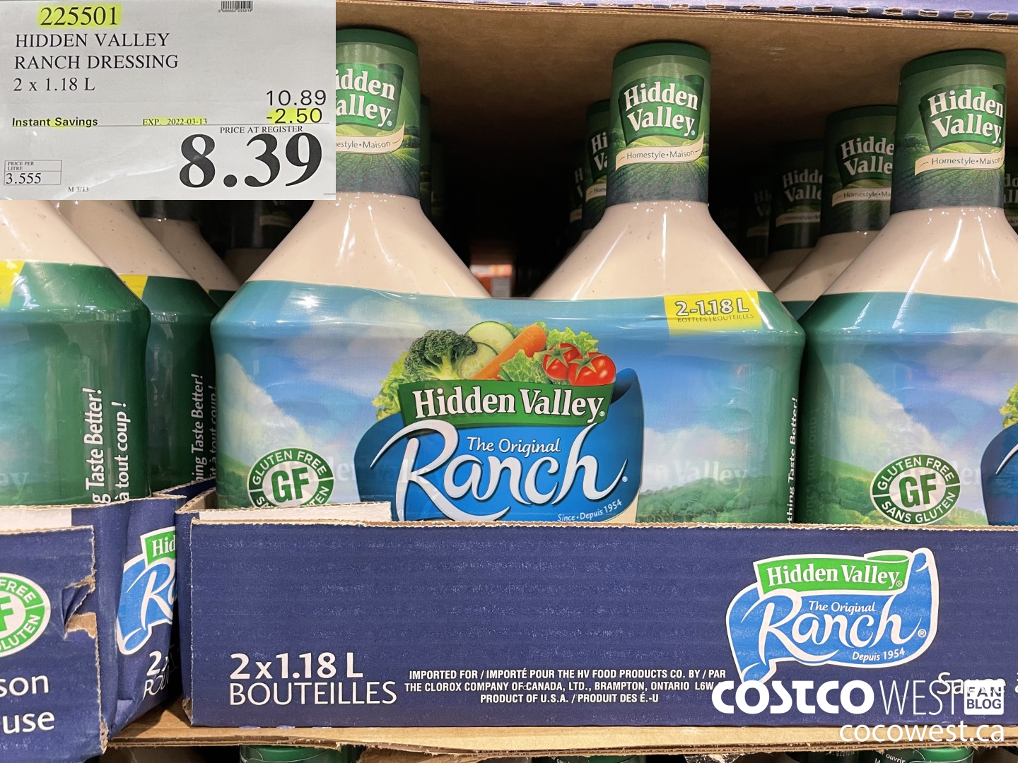 225501 HIDDEN VALLEY RANCH DRESSING 2 x 1.18 L ($2.50 INSTANT SAVINGS EXPIRES ON 2022-03-13) $8.39