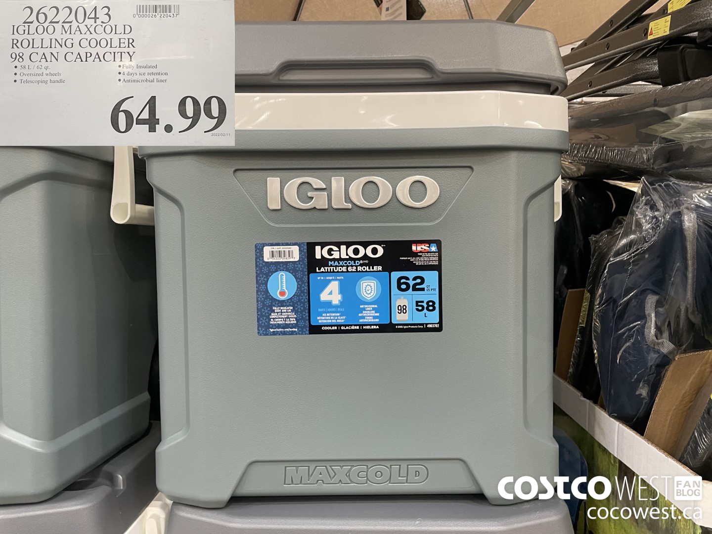 2622043 IGLOO MAXCOLD ROLLING COOLER 98 CAN CAPACITY $64.99