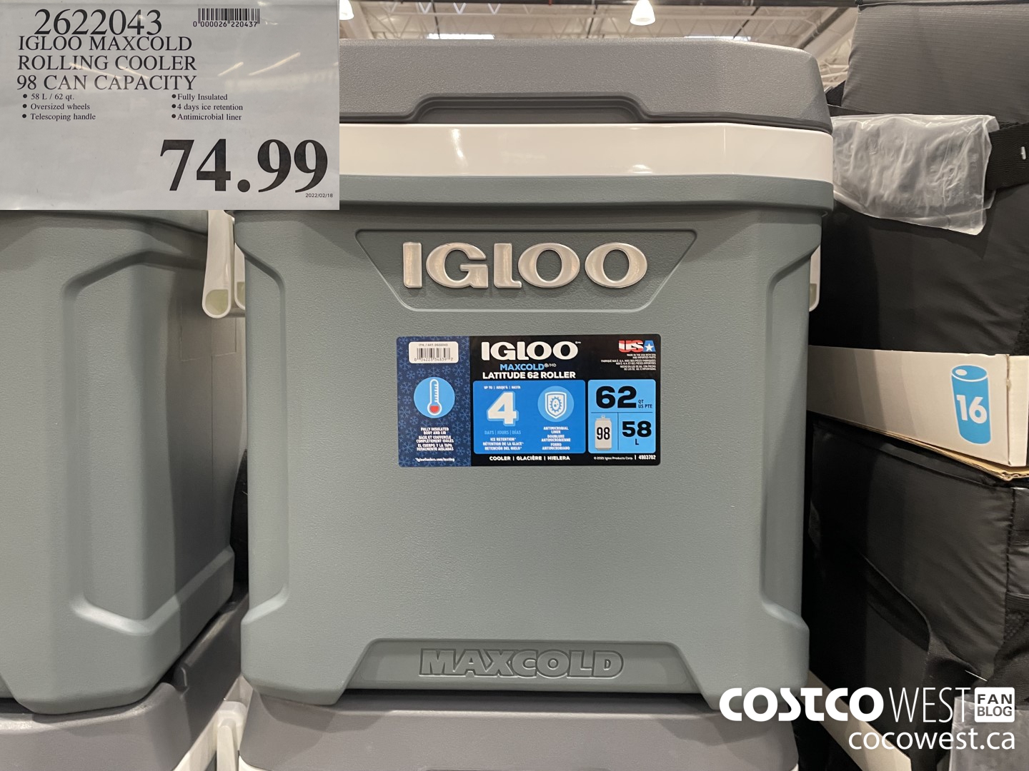 2622043 IGLOO MAXCOLD ROLLING COOLER 98 CAN CAPACITY $74.99