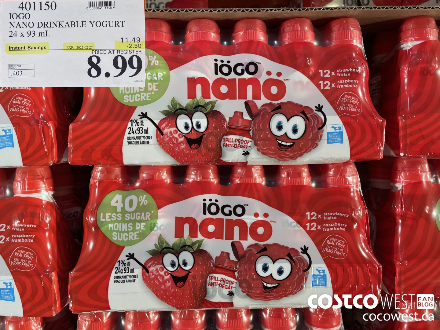 401150 IOGO NANO DRINKABLE YOGURT 24 x 93 mL ($2.50 INSTANT SAVINGS EXPIRES ON 2022-02-27) $8.99