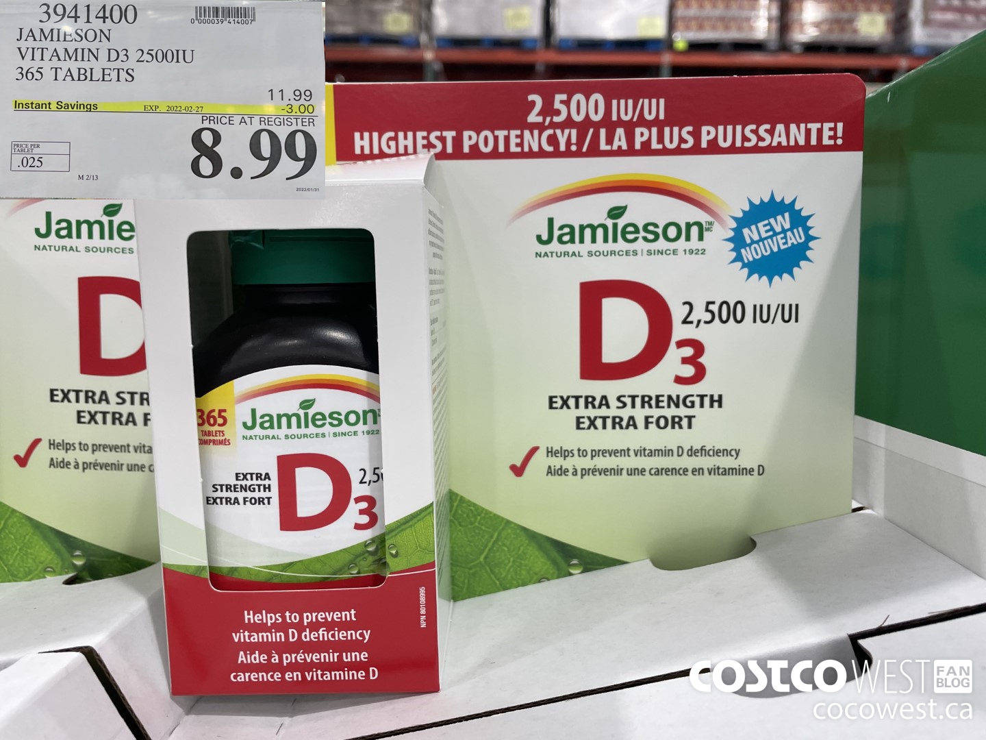 3941400 JAMIESON VITAMIN D3 2500IU 365 TABLETS ($3.00 INSTANT SAVINGS EXPIRES ON 2022-02-27) $8.99