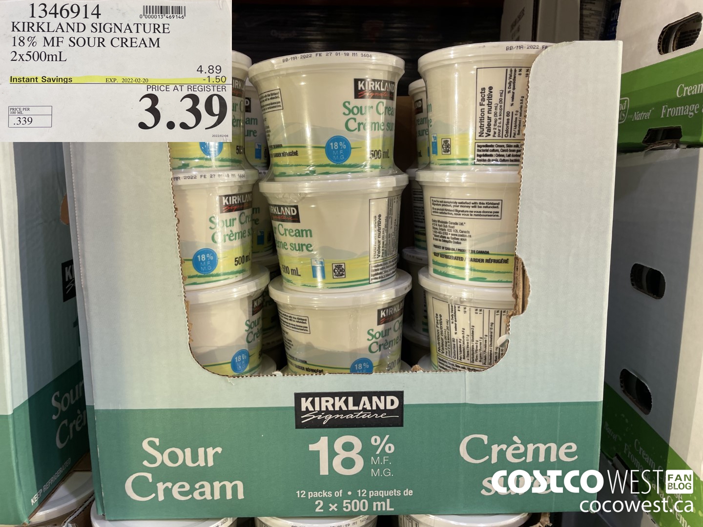 1346914 KIRKLAND SIGNATURE 18% MF SOUR CREAM 2 x 500mL  ($1.50 INSTANT SAVINGS EXPIRES ON 2022-02-20) $3.39