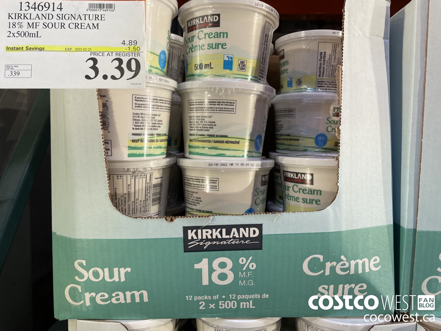 1346914 KIRKLAND SIGNATURE 18% MF SOUR CREAM 2 x 500mL  ($1.50 INSTANT SAVINGS EXPIRES ON 2022-02-25) $3.39