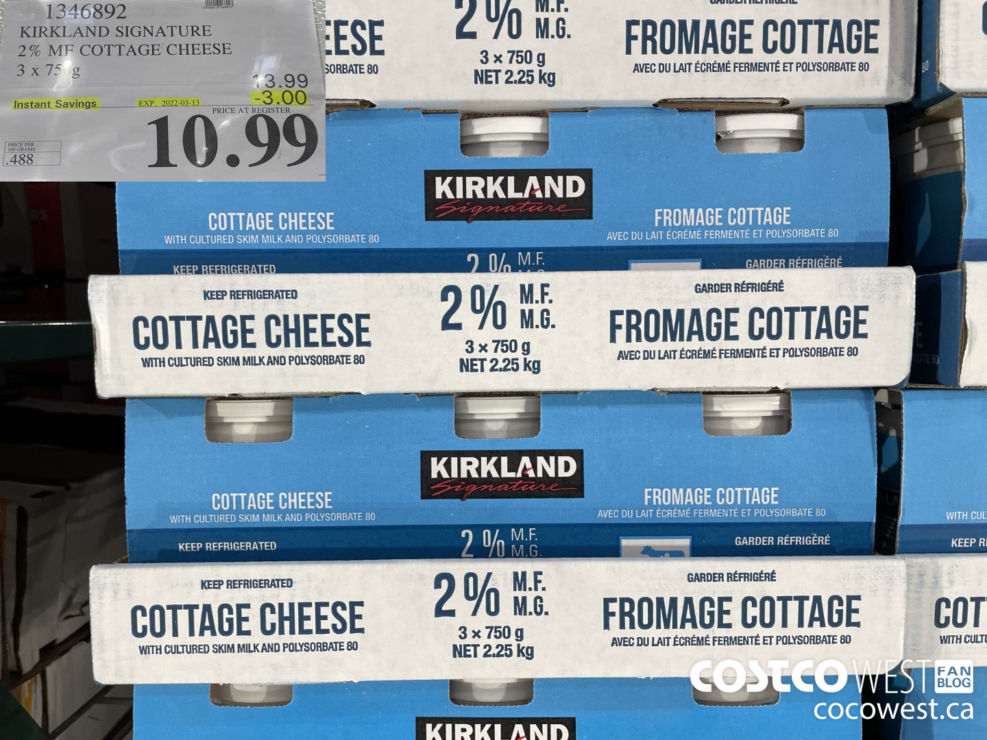 1346892 KIRKLAND SIGNATURE 2% MF COTTAGE CHEESE 3 x 750g ($3.00 INSTANT SAVINGS EXPIRES ON 2022-03-13) $10.99