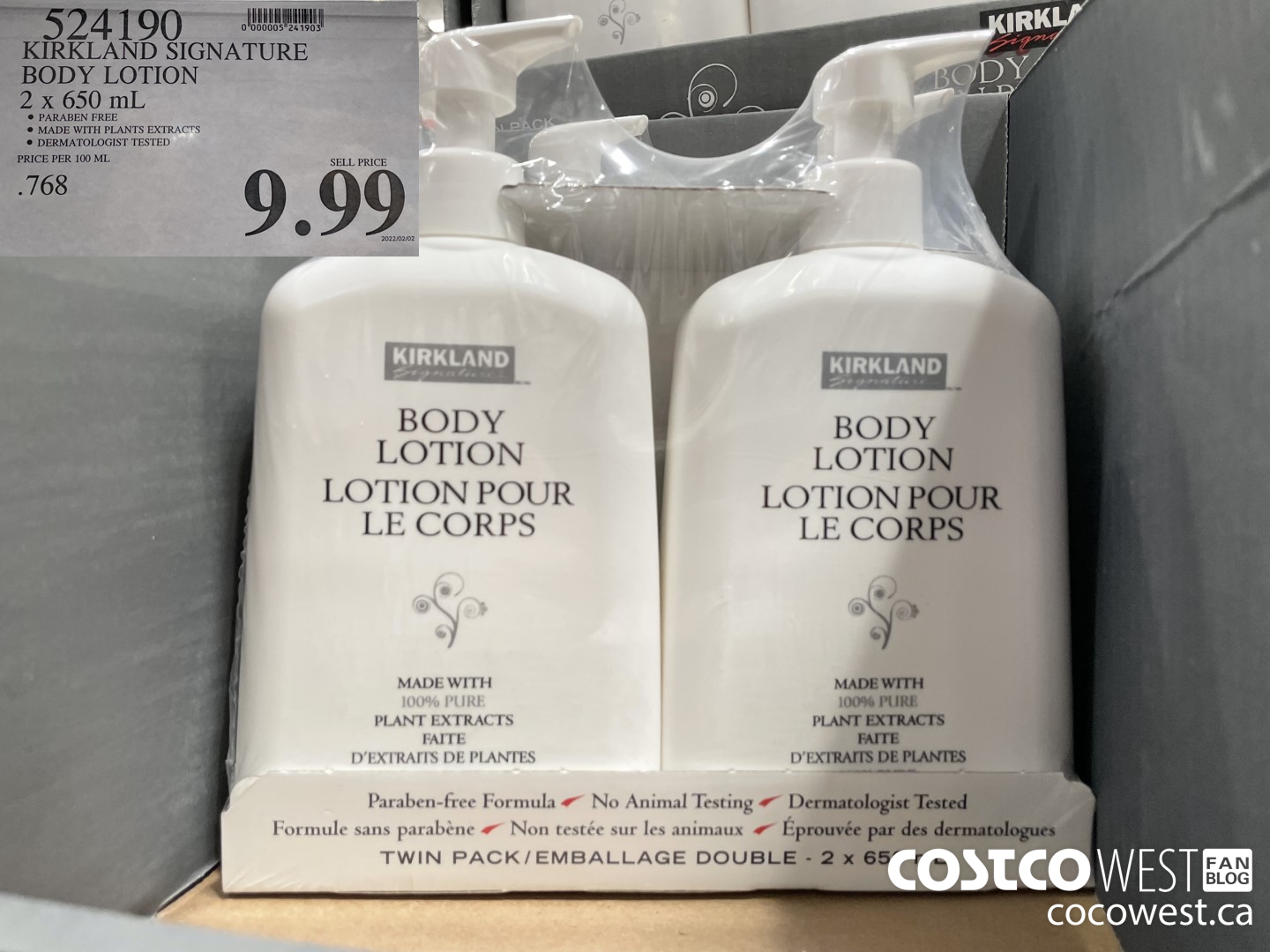 524190 KIRKLAND SIGNATURE BODY LOTION 2 x 650 mL $9.99