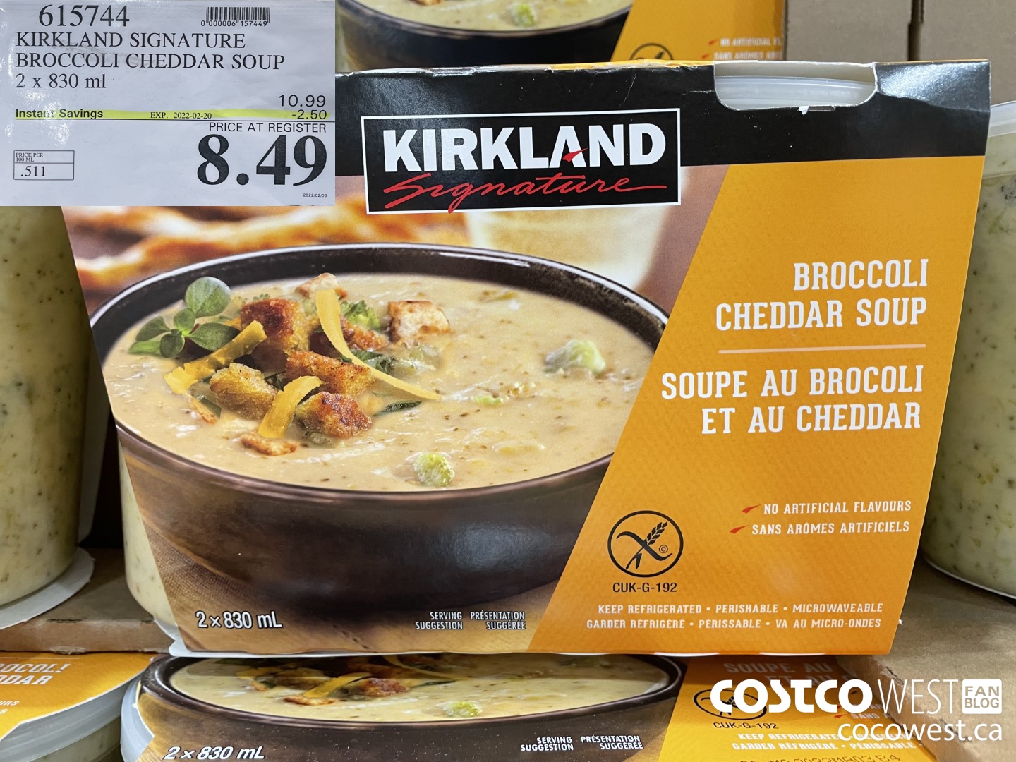 615744 KIRKLAND SIGNATURE BROCCOLI CHEDDAR SOUP 2 x 830 ml ($2.50 INSTANT SAVINGS EXPIRES ON 2022-02-20) $8.49