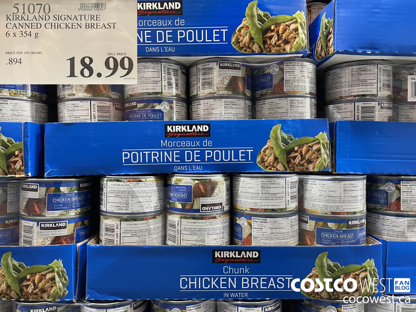 51070 KIRKLAND SIGNATURE CANNED CHICKEN BREAST 6 x 354 g $18.99