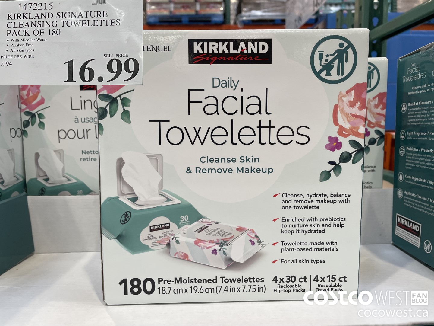 1472215 KIRKLAND SIGNATURE CLEANSING TOWELETTES PACK OF 180  $16.99