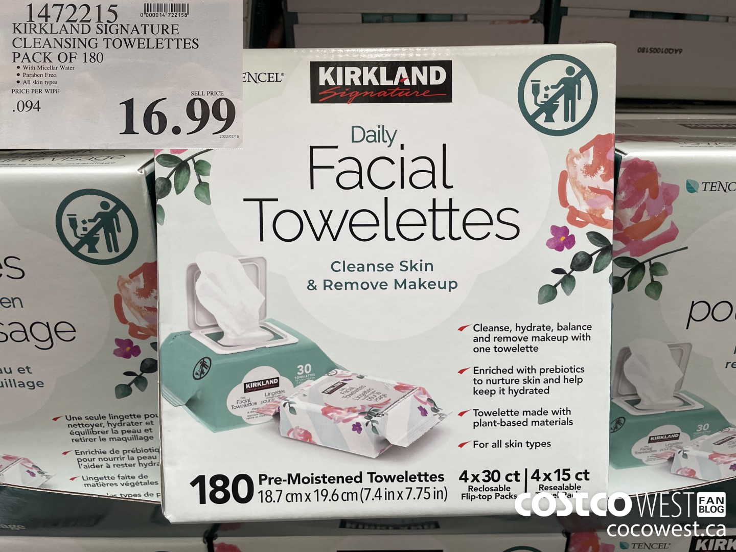 1472215 KIRKLAND SIGNATURE CLEANSING TOWELETTES PACK OF 180  $16.99