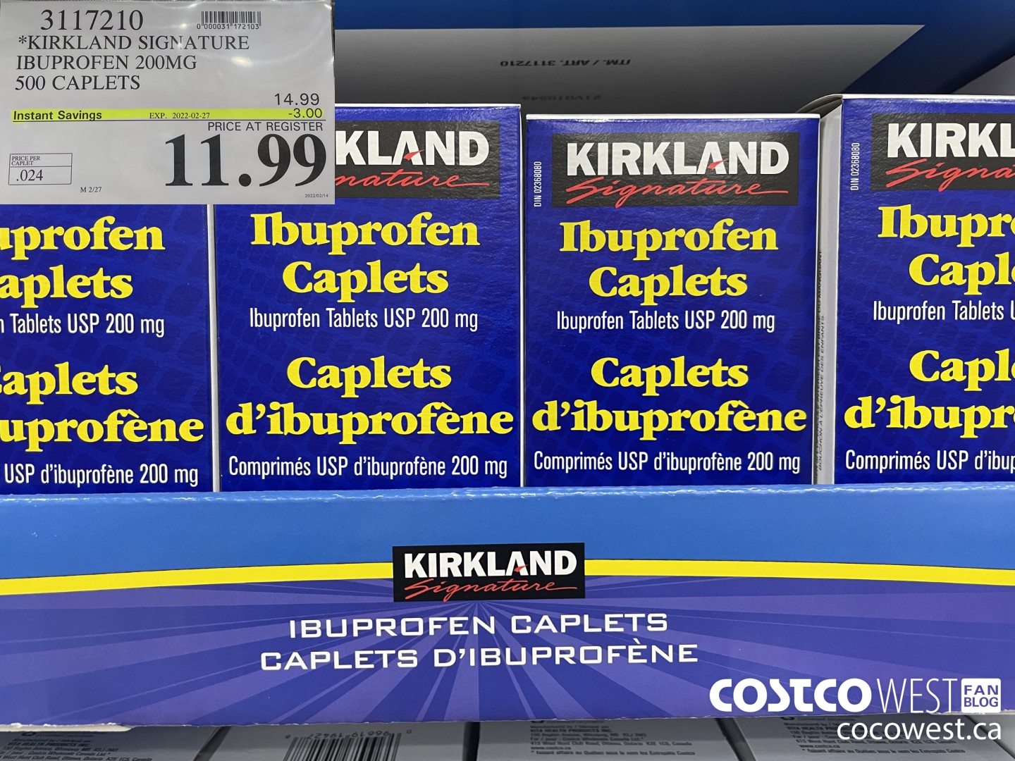 3117210 KIRKLAND SIGNATURE IBUPROFEN 200MG 500 CAPLETS ($3.00 INSTANT SAVINGS EXPIRES ON 2022-02-27) $11.99