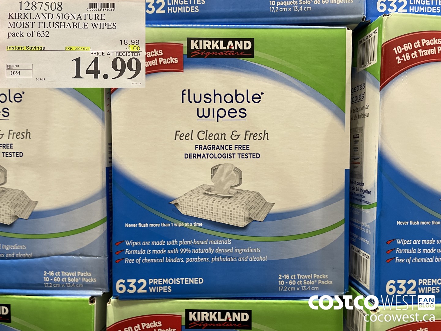 1287508 KIRKLAND SIGNATURE MOIST FLUSHABLE WIPES pack of 632 ($4.00 INSTANT SAVINGS EXPIRES ON 2022-03-13) $14.99