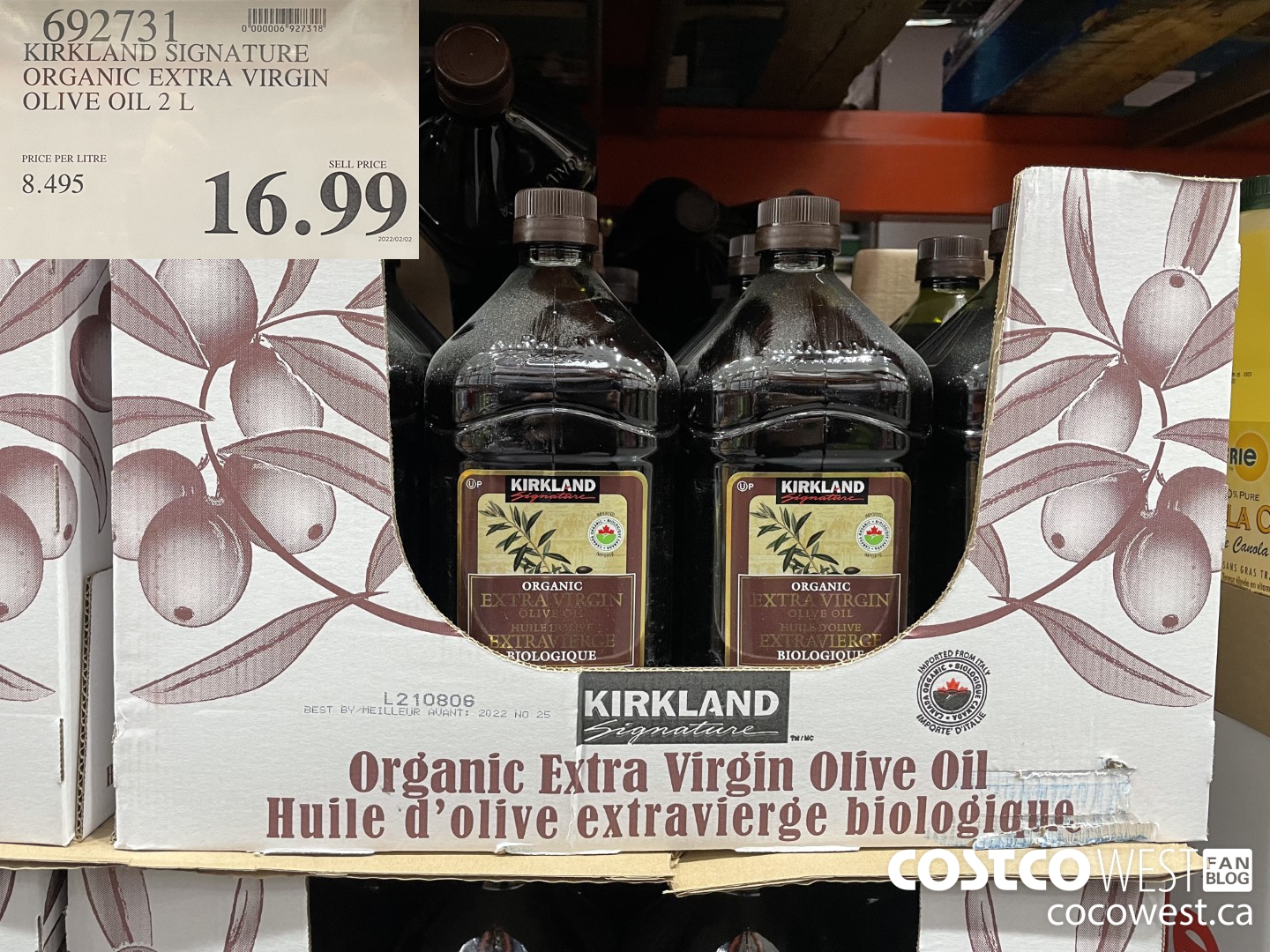692731 KIRKLAND SIGNATURE ORGANIC EXTRA VIRGIN OLIVE OIL 2 L $16.99