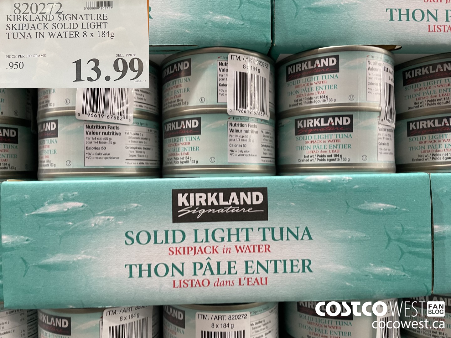 820272 KIRKLAND SIGNATURE SKIPJACK SOLID LIGHT TUNA IN WATER 8 x 184g $13.99