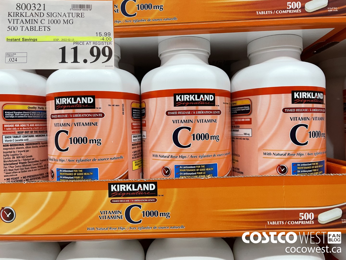 800321 KIRKLAND SIGNATURE VITAMIN C 1000 MG 500 TABLETS ($4.00 INSTANT SAVINGS EXPIRES ON 2022-02-13) $11.99
