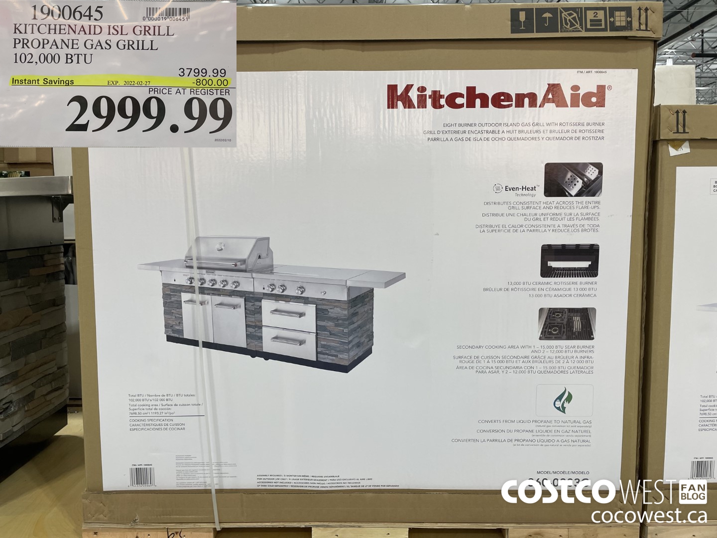 1900645 KITCHENAID ISL GRILL PROPANE GAS GRILL 102,000 BTU ($800.00 INSTANT SAVINGS EXPIRES ON 2022-02-27) $2999.99
