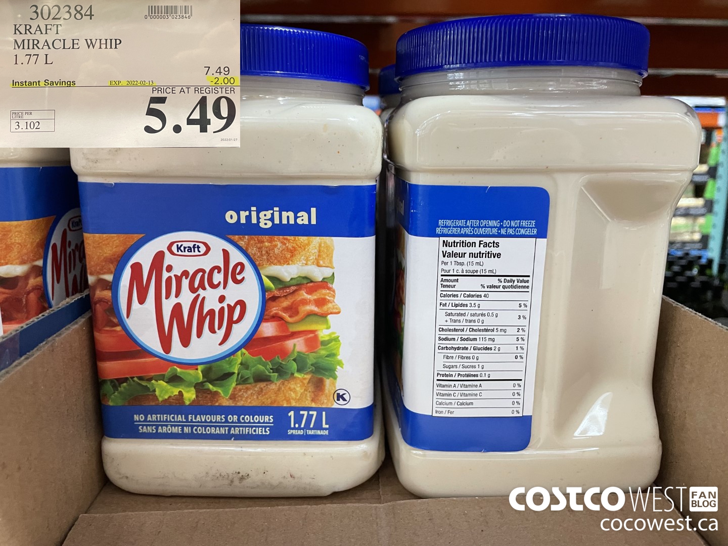 302384 KRAFT MIRACLE WHIP 1.77 L ($2.00 INSTANT SAVINGS EXPIRES ON 2022-02-13) $5.49